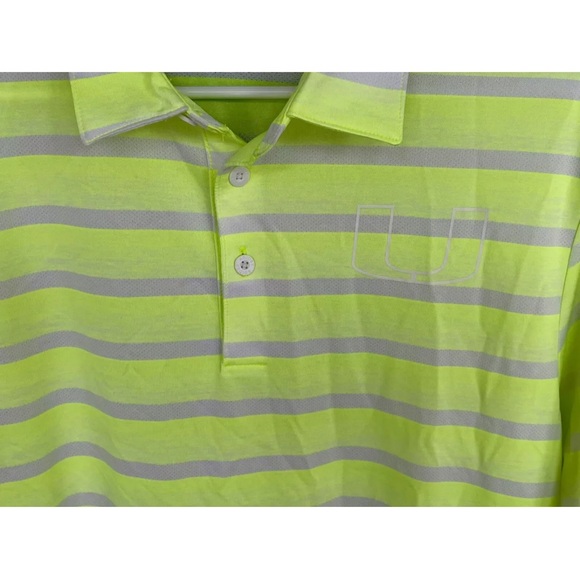 Miami Hurricanes Adidas Striped Logo Golf Polo Shirt Sz M Neon Grn Light Purple - Picture 2 of 11